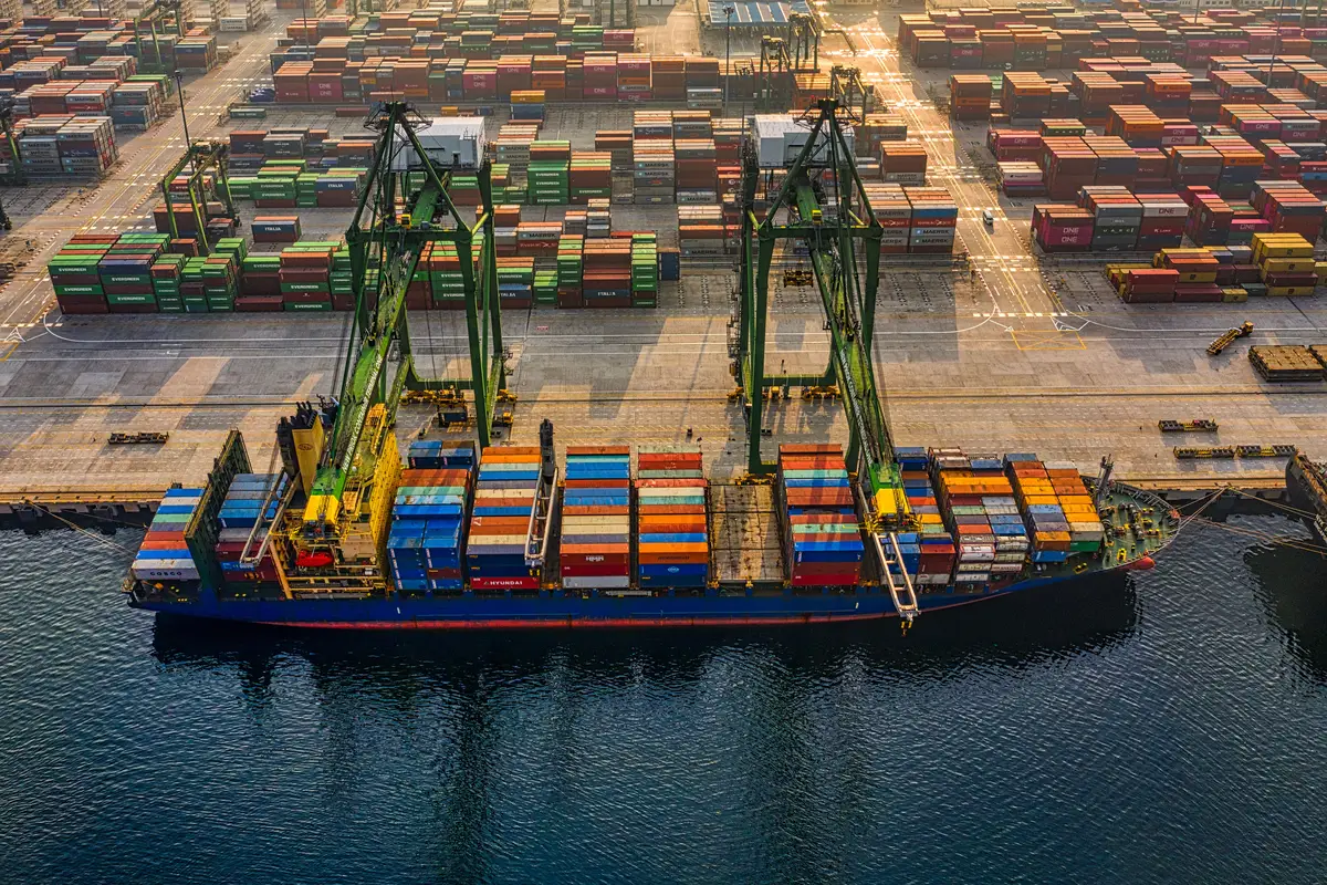 Aerial view of a container ship loading at port